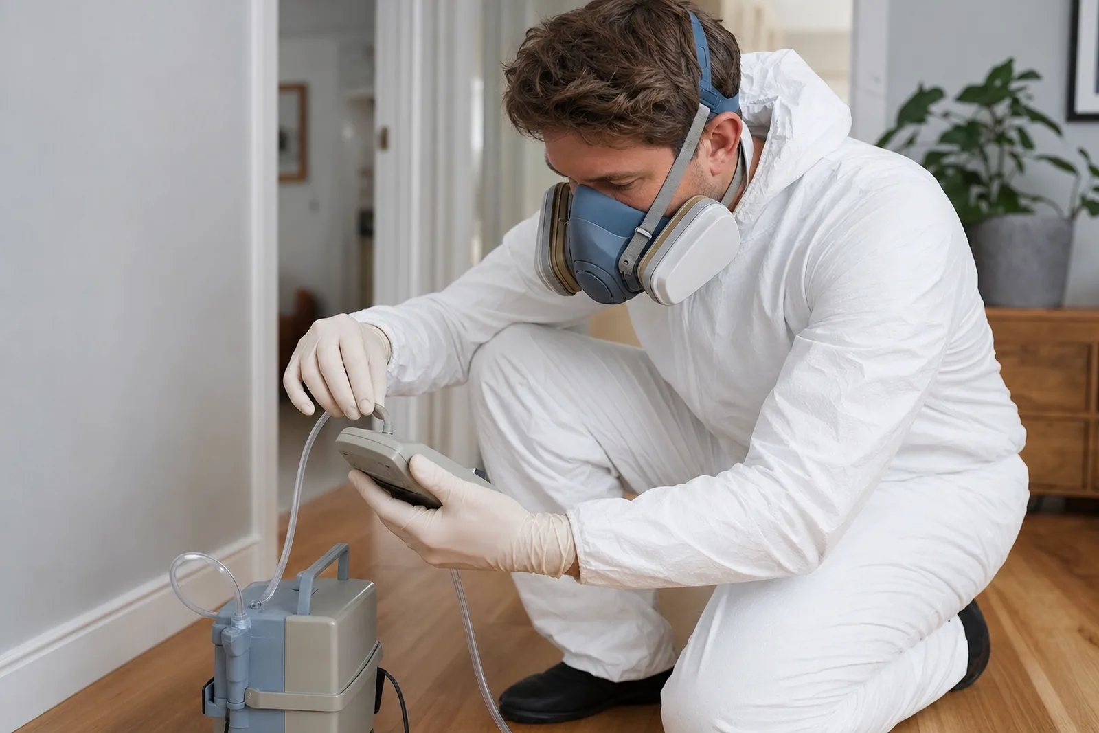Assessor in white coveralls and a half-face respirator checking the flow rate of a portable air sampling pump inside a Perth home