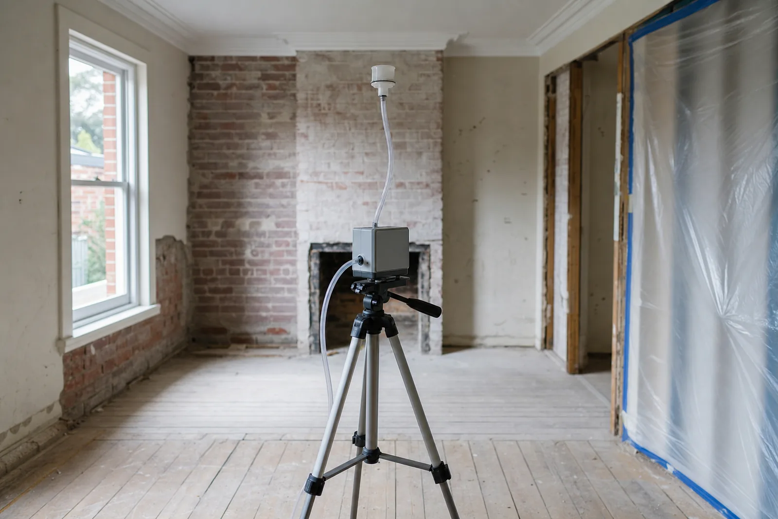 Portable asbestos air sampling pump mounted on a tripod in an empty stripped room of an older Perth brick home