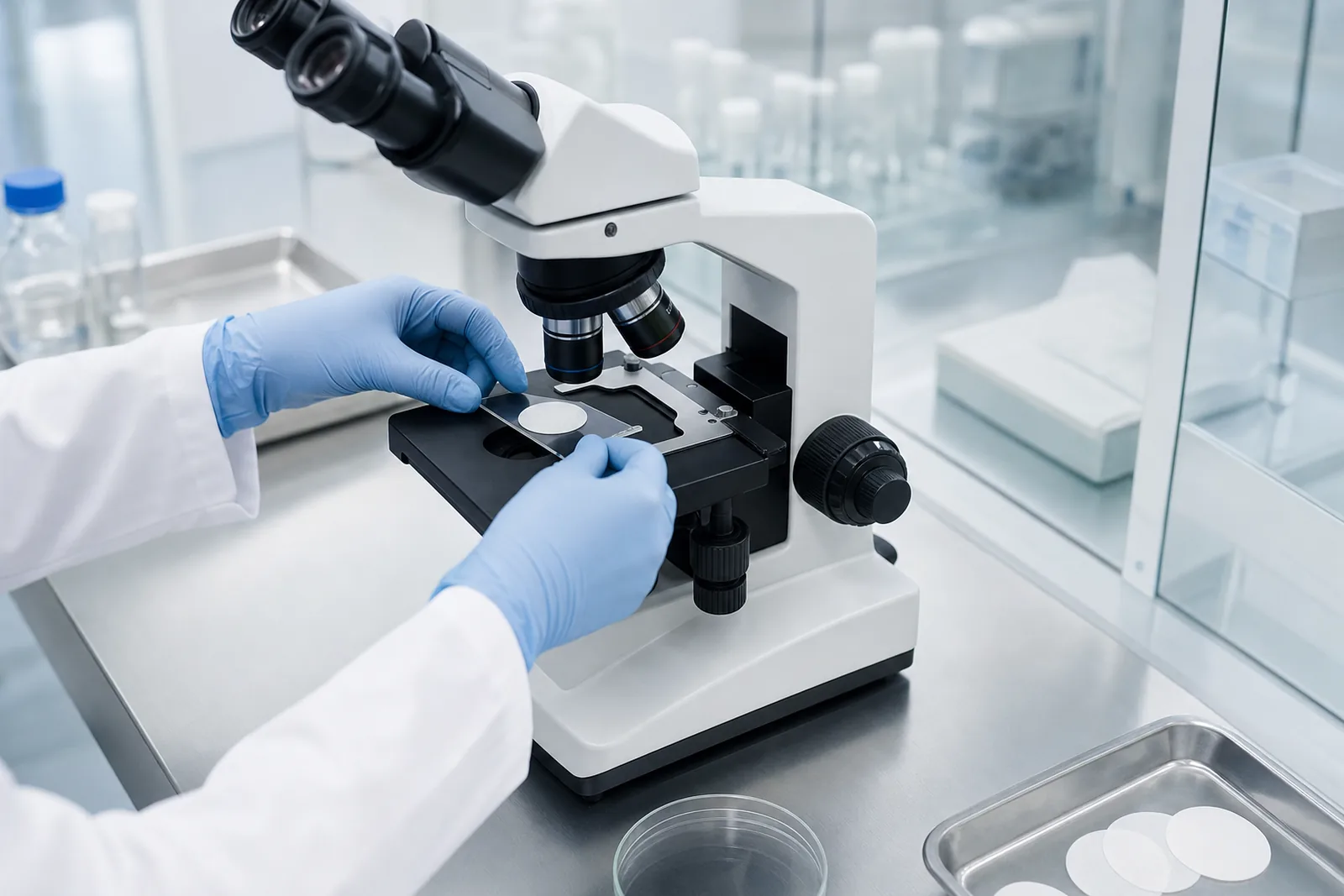 Laboratory analyst placing an air sample filter membrane onto the stage of a phase contrast microscope for fibre counting