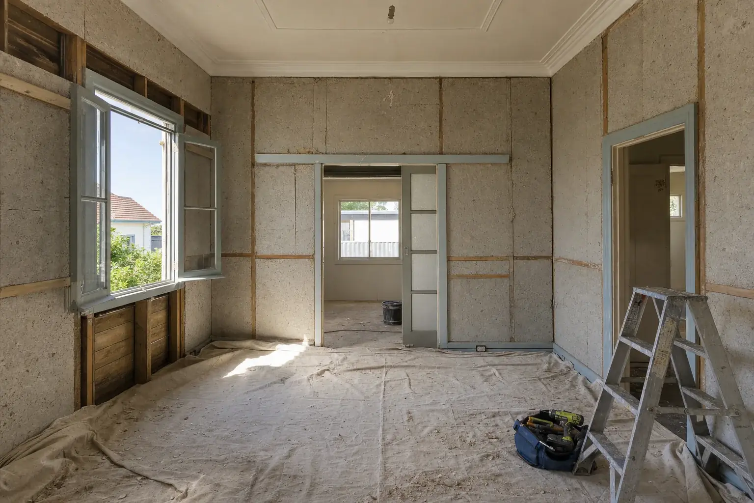 Assessor inspecting a Perth renovation site with exposed wall sheeting before demolition work begins