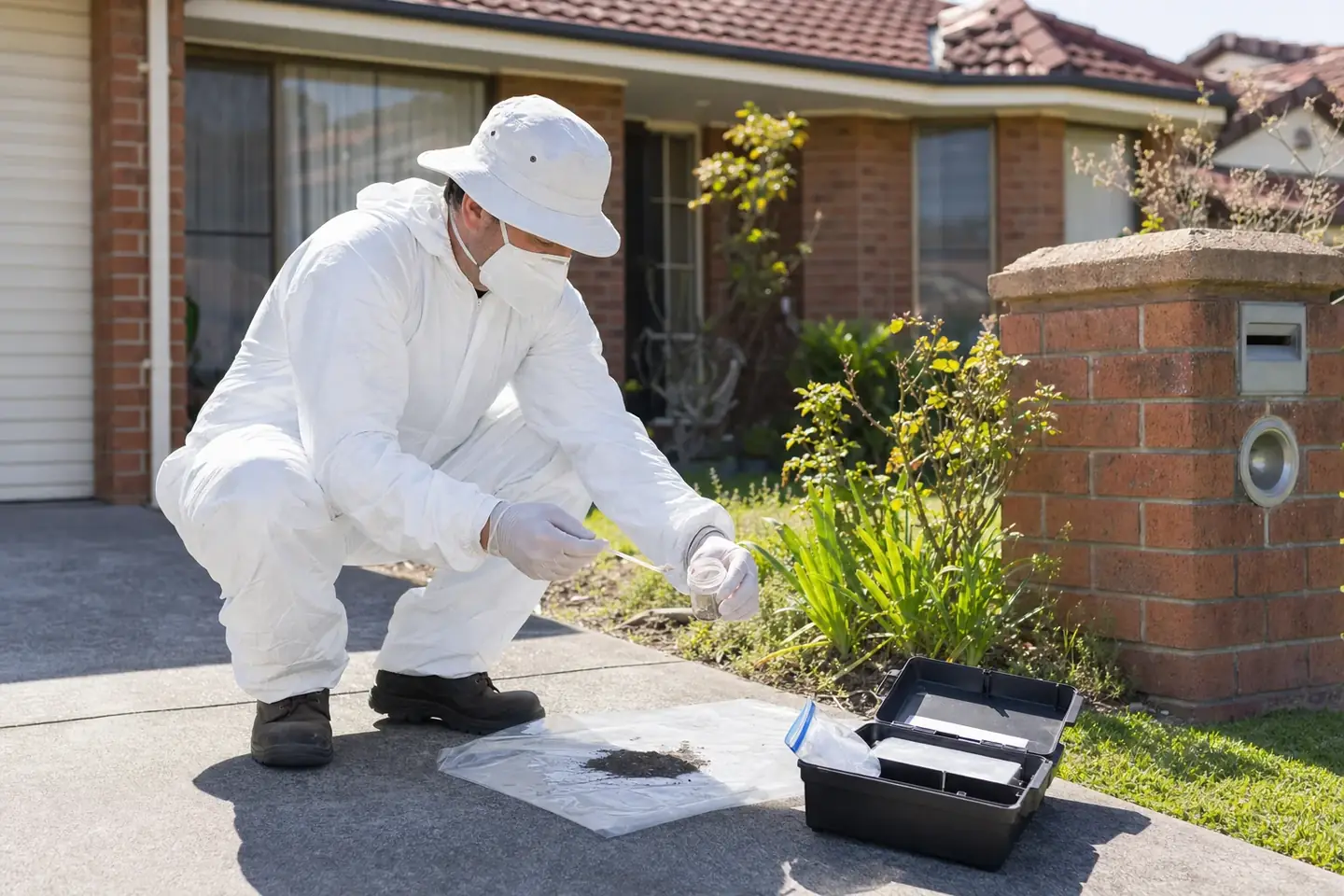 Licensed asbestos assessor in white coveralls taking a bulk sample from a Perth home wall for laboratory testing
