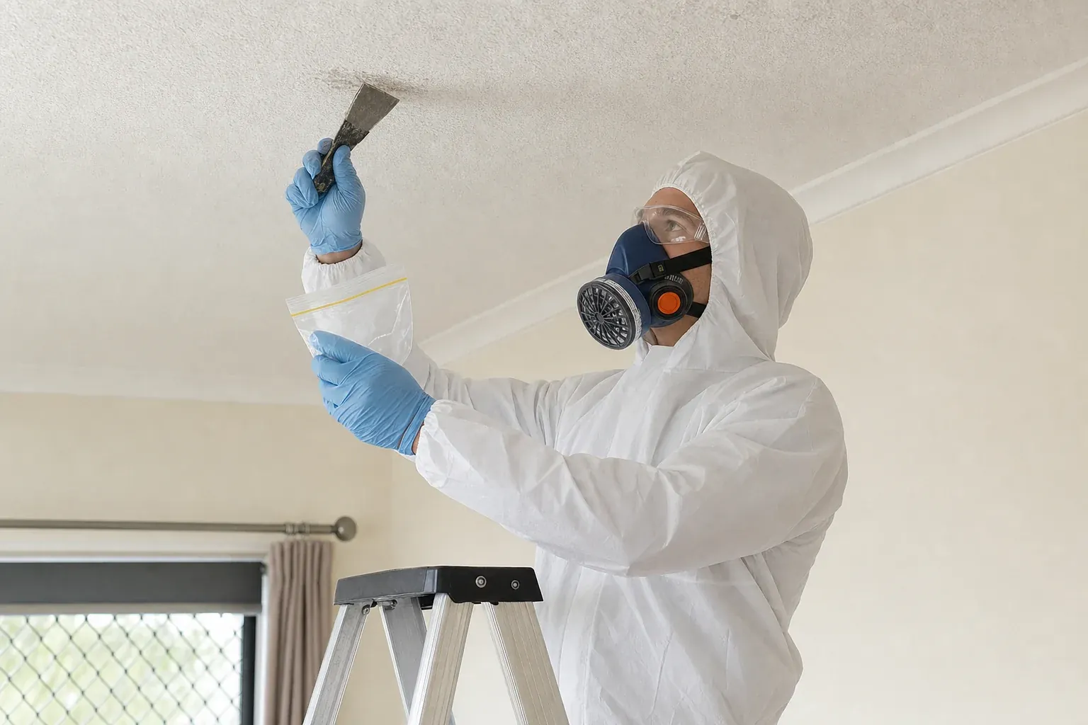 Technician in white coveralls and a respirator taking a small controlled sample from a textured ceiling in a Perth home