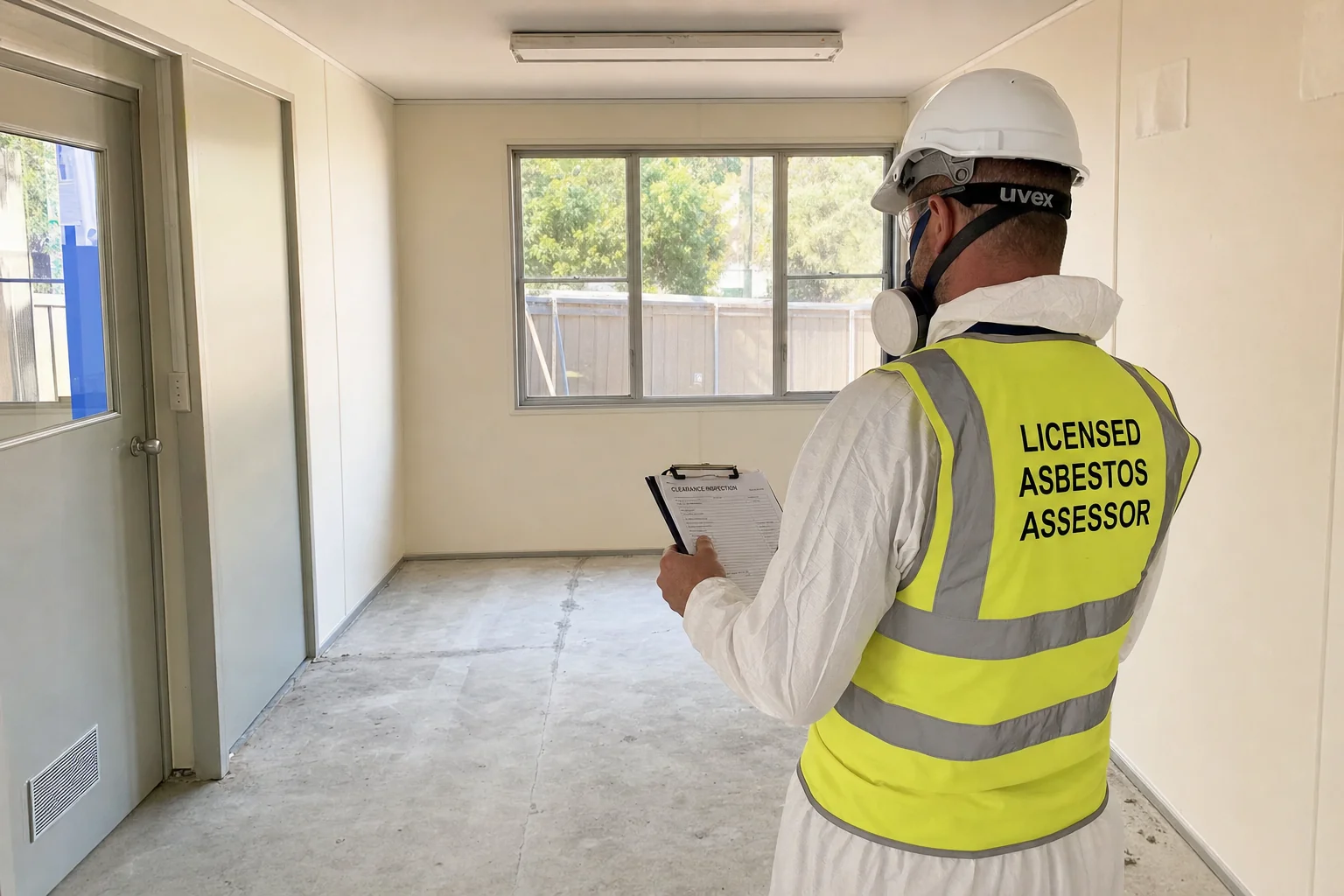 Assessor conducting an independent clearance inspection of a cleared area after licensed asbestos removal works