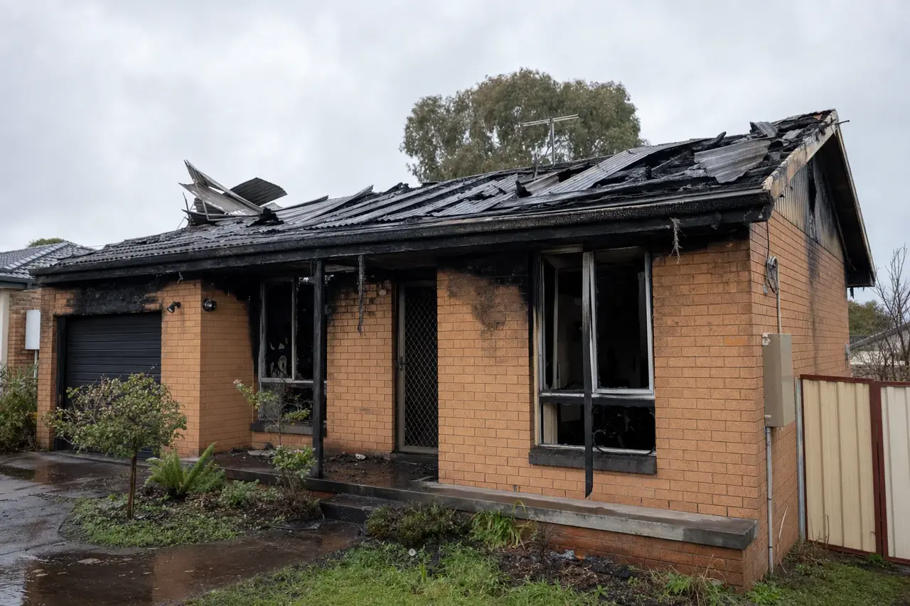 Assessor in protective equipment inspecting a fire-damaged Perth property for asbestos before clean-up begins