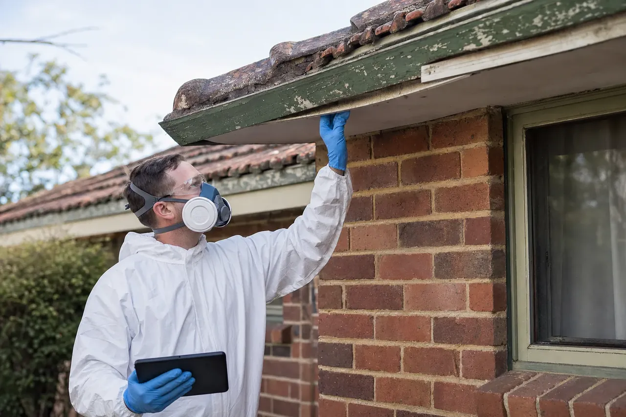 Licensed asbestos assessor in white coveralls inspecting the eaves of an older red brick Perth home for suspected asbestos materials